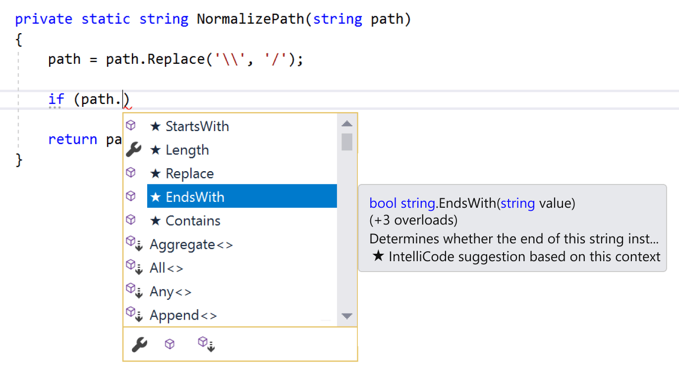 The suggestions with * are based on the context before and what the AI extracted as most likely from the 2,000 open source C# github codebases.